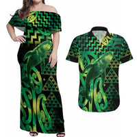 Humpback Whale Matariki New Zealand Couples Matching Off Shoulder Maxi Dress and Hawaiian Shirt NZ Maori Paikea Poutama Luxury Green LT14 Green - Polynesian Pride