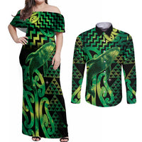 Humpback Whale Matariki New Zealand Couples Matching Off Shoulder Maxi Dress and Long Sleeve Button Shirt NZ Maori Paikea Poutama Luxury Green