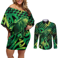 Humpback Whale Matariki New Zealand Couples Matching Off Shoulder Short Dress and Long Sleeve Button Shirt NZ Maori Paikea Poutama Luxury Green