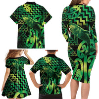 Humpback Whale Matariki New Zealand Family Matching Long Sleeve Bodycon Dress and Hawaiian Shirt NZ Maori Paikea Poutama Luxury Green LT14 - Polynesian Pride