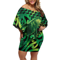 Humpback Whale Matariki New Zealand Family Matching Off Shoulder Short Dress and Hawaiian Shirt NZ Maori Paikea Poutama Luxury Green LT14 Mom's Dress Green - Polynesian Pride