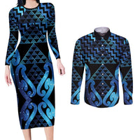 Taniko Motifs Matariki New Zealand Couples Matching Long Sleeve Bodycon Dress and Long Sleeve Button Shirt NZ Niho Taniwha Poutama