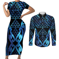 Taniko Motifs Matariki New Zealand Couples Matching Short Sleeve Bodycon Dress and Long Sleeve Button Shirt NZ Niho Taniwha Poutama