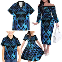 Taniko Motifs Matariki New Zealand Family Matching Off The Shoulder Long Sleeve Dress and Hawaiian Shirt NZ Niho Taniwha Poutama LT14 - Polynesian Pride