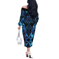 Taniko Motifs Matariki New Zealand Off The Shoulder Long Sleeve Dress NZ Niho Taniwha Poutama LT14 - Polynesian Pride
