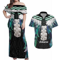 Aotearoa Korowai Motif Couples Matching Off Shoulder Maxi Dress and Hawaiian Shirt Hei Tiki Poutama Maori Pattern LT14 Turquoise - Polynesian Pride