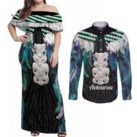 Aotearoa Korowai Motif Couples Matching Off Shoulder Maxi Dress and Long Sleeve Button Shirt Hei Tiki Poutama Maori Pattern LT14 Turquoise - Polynesian Pride