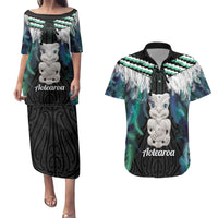 Aotearoa Korowai Motif Couples Matching Puletasi and Hawaiian Shirt Hei Tiki Poutama Maori Pattern LT14 Turquoise - Polynesian Pride