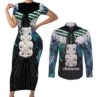 Aotearoa Korowai Motif Couples Matching Short Sleeve Bodycon Dress and Long Sleeve Button Shirt Hei Tiki Poutama Maori Pattern LT14 Turquoise - Polynesian Pride