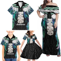 Aotearoa Korowai Motif Family Matching Off Shoulder Maxi Dress and Hawaiian Shirt Hei Tiki Poutama Maori Pattern
