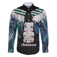 Aotearoa Korowai Motif Family Matching Tank Maxi Dress and Hawaiian Shirt Hei Tiki Poutama Maori Pattern LT14 Dad's Shirt - Long Sleeve Turquoise - Polynesian Pride