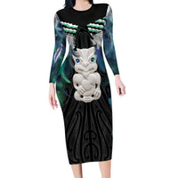 Aotearoa Korowai Motif Long Sleeve Bodycon Dress Hei Tiki Poutama Maori Pattern