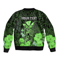 Personalised King Kamehameha Day Hawaii Sleeve Zip Bomber Jacket Polynesia Tribal Kanaka And Hibiscus Green LT14 - Polynesian Pride