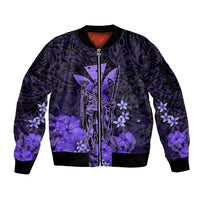 Polynesian Pride King Kamehameha Day Hawaii Sleeve Zip Bomber Jacket Polynesia Tribal Kanaka And Hibiscus Purple LT14 Unisex Purple - Polynesian Pride