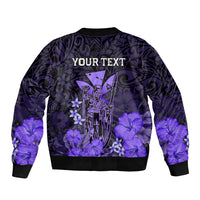 Personalised King Kamehameha Day Hawaii Sleeve Zip Bomber Jacket Polynesia Tribal Kanaka And Hibiscus Purple LT14 - Polynesian Pride