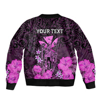 Personalised King Kamehameha Day Hawaii Sleeve Zip Bomber Jacket Polynesia Tribal Kanaka And Hibiscus Pink LT14 - Polynesian Pride
