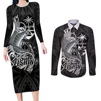 Guam Blue Marlin Fishing Couples Matching Long Sleeve Bodycon Dress and Long Sleeve Button Shirt Guahan Fish Hook Tattoo Black Version LT14 Black - Polynesian Pride