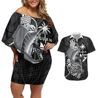 Guam Blue Marlin Fishing Couples Matching Off Shoulder Short Dress and Hawaiian Shirt Guahan Fish Hook Tattoo Black Version LT14 Black - Polynesian Pride