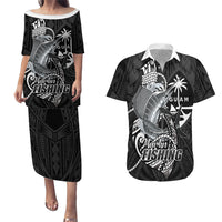 Guam Blue Marlin Fishing Couples Matching Puletasi and Hawaiian Shirt Guahan Fish Hook Tattoo Black Version LT14 Black - Polynesian Pride