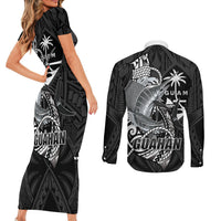 Guam Blue Marlin Fishing Couples Matching Short Sleeve Bodycon Dress and Long Sleeve Button Shirt Guahan Fish Hook Tattoo Black Version LT14 - Polynesian Pride