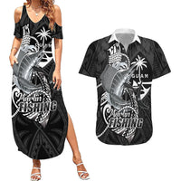 Guam Blue Marlin Fishing Couples Matching Summer Maxi Dress and Hawaiian Shirt Guahan Fish Hook Tattoo Black Version LT14 Black - Polynesian Pride