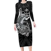 Guam Blue Marlin Fishing Family Matching Long Sleeve Bodycon Dress and Hawaiian Shirt Guahan Fish Hook Tattoo Black Version LT14 Mom's Dress Black - Polynesian Pride