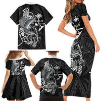 Guam Blue Marlin Fishing Family Matching Short Sleeve Bodycon Dress and Hawaiian Shirt Guahan Fish Hook Tattoo Black Version LT14 - Polynesian Pride