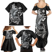 Guam Blue Marlin Fishing Family Matching Summer Maxi Dress and Hawaiian Shirt Guahan Fish Hook Tattoo Black Version