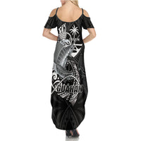 Guam Blue Marlin Fishing Family Matching Summer Maxi Dress and Hawaiian Shirt Guahan Fish Hook Tattoo Black Version