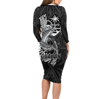 Guam Blue Marlin Fishing Long Sleeve Bodycon Dress Guahan Fish Hook Tattoo Black Version LT14 - Polynesian Pride