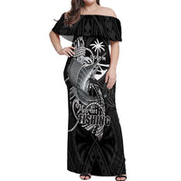 Guam Blue Marlin Fishing Off Shoulder Maxi Dress Guahan Fish Hook Tattoo Black Version
