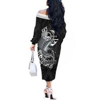 Guam Blue Marlin Fishing Off The Shoulder Long Sleeve Dress Guahan Fish Hook Tattoo Black Version LT14 - Polynesian Pride
