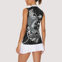 Guam Blue Marlin Fishing Women Sleeveless Polo Shirt Guahan Fish Hook Tattoo Black Version LT14 - Polynesian Pride