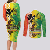 Hawaii Blue Marlin Fishing Couples Matching Long Sleeve Bodycon Dress and Long Sleeve Button Shirt Hawaiian Kanaka Kakau Reggae