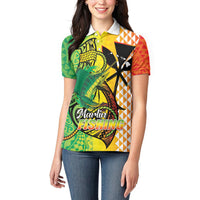 Hawaii Blue Marlin Fishing Women Polo Shirt Hawaiian Kanaka Kakau Reggae