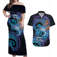 Personalised Blue Marlin Fishing New Zealand Couples Matching Off Shoulder Maxi Dress and Hawaiian Shirt NZ Kiwi Cowboy Born To Fish LT14 Purple - Polynesian Pride