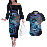 Personalised Blue Marlin Fishing New Zealand Couples Matching Off The Shoulder Long Sleeve Dress and Hawaiian Shirt NZ Kiwi Cowboy Born To Fish LT14 Purple - Polynesian Pride