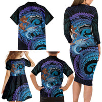 Personalised Blue Marlin Fishing New Zealand Family Matching Long Sleeve Bodycon Dress and Hawaiian Shirt NZ Kiwi Cowboy Born To Fish LT14 - Polynesian Pride