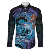 Personalised Blue Marlin Fishing New Zealand Family Matching Mermaid Dress and Hawaiian Shirt NZ Kiwi Cowboy Born To Fish LT14 Dad's Shirt - Long Sleeve Purple - Polynesian Pride