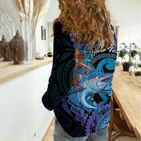 Personalised Blue Marlin Fishing New Zealand Women Casual Shirt NZ Kiwi Cowboy Born To Fish LT14 - Polynesian Pride
