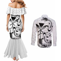 Japan And Hawaii Couples Matching Mermaid Dress and Long Sleeve Button Shirt Sakura Koi Fish Hawaiian Lei Kanaka - Polynesian Pride