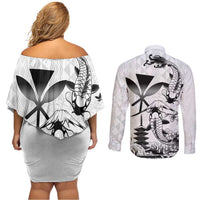 Japan And Hawaii Couples Matching Off Shoulder Short Dress and Long Sleeve Button Shirt Sakura Koi Fish Hawaiian Lei Kanaka - Polynesian Pride