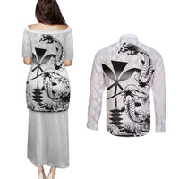 Japan And Hawaii Couples Matching Puletasi and Long Sleeve Button Shirt Sakura Koi Fish Hawaiian Lei Kanaka LT14 - Polynesian Pride