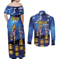 Japan Obon Festival Couples Matching Off Shoulder Maxi Dress and Long Sleeve Button Shirt Sakura Lanterns With Bon Dance LT14 - Polynesian Pride