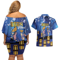 Japan Obon Festival Couples Matching Off Shoulder Short Dress and Hawaiian Shirt Sakura Lanterns With Bon Dance LT14 - Polynesian Pride