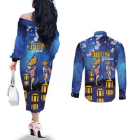 Japan Obon Festival Couples Matching Off The Shoulder Long Sleeve Dress and Long Sleeve Button Shirt Sakura Lanterns With Bon Dance LT14 - Polynesian Pride
