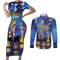 Japan Obon Festival Couples Matching Short Sleeve Bodycon Dress and Long Sleeve Button Shirt Sakura Lanterns With Bon Dance LT14 Blue - Polynesian Pride