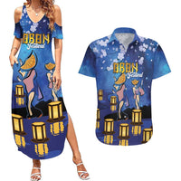 Japan Obon Festival Couples Matching Summer Maxi Dress and Hawaiian Shirt Sakura Lanterns With Bon Dance LT14 Blue - Polynesian Pride