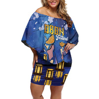 Japan Obon Festival Family Matching Off Shoulder Short Dress and Hawaiian Shirt Sakura Lanterns With Bon Dance - Polynesian Pride