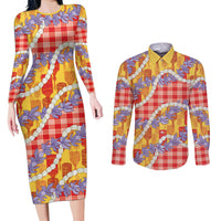 Hawaii Kahili Palaka Motifs Couples Matching Long Sleeve Bodycon Dress and Long Sleeve Button Shirt Hawaiian Honohono Pikake Lei LT14 Red - Polynesian Pride